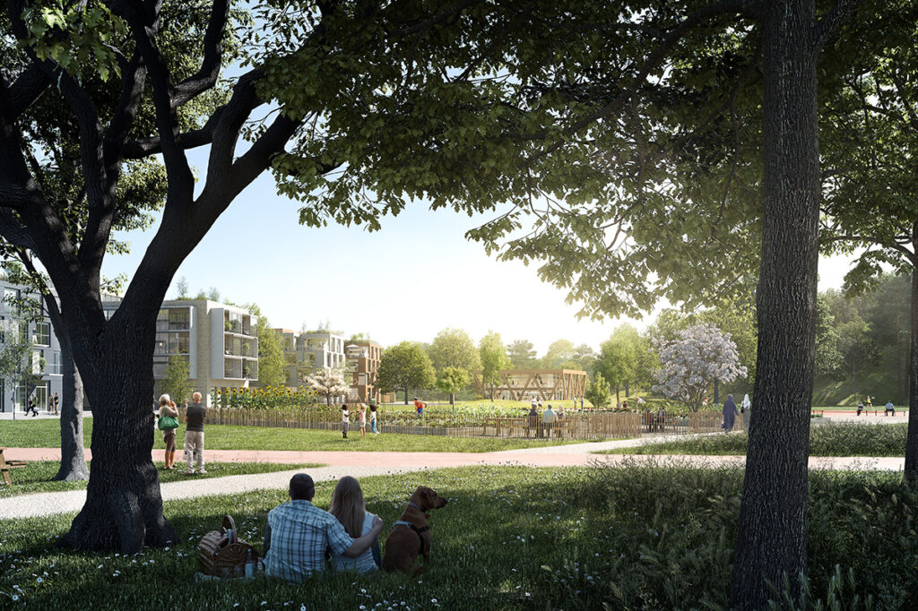 Ett par sitter under två träd, med utsikt över en omfattande grön park, kantad av en rad byggnader.