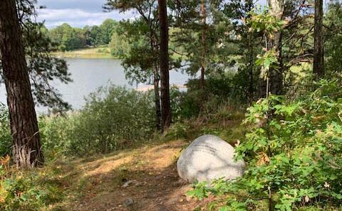 Rund stenbumling i skogsglänta med utsikt över vattnet.