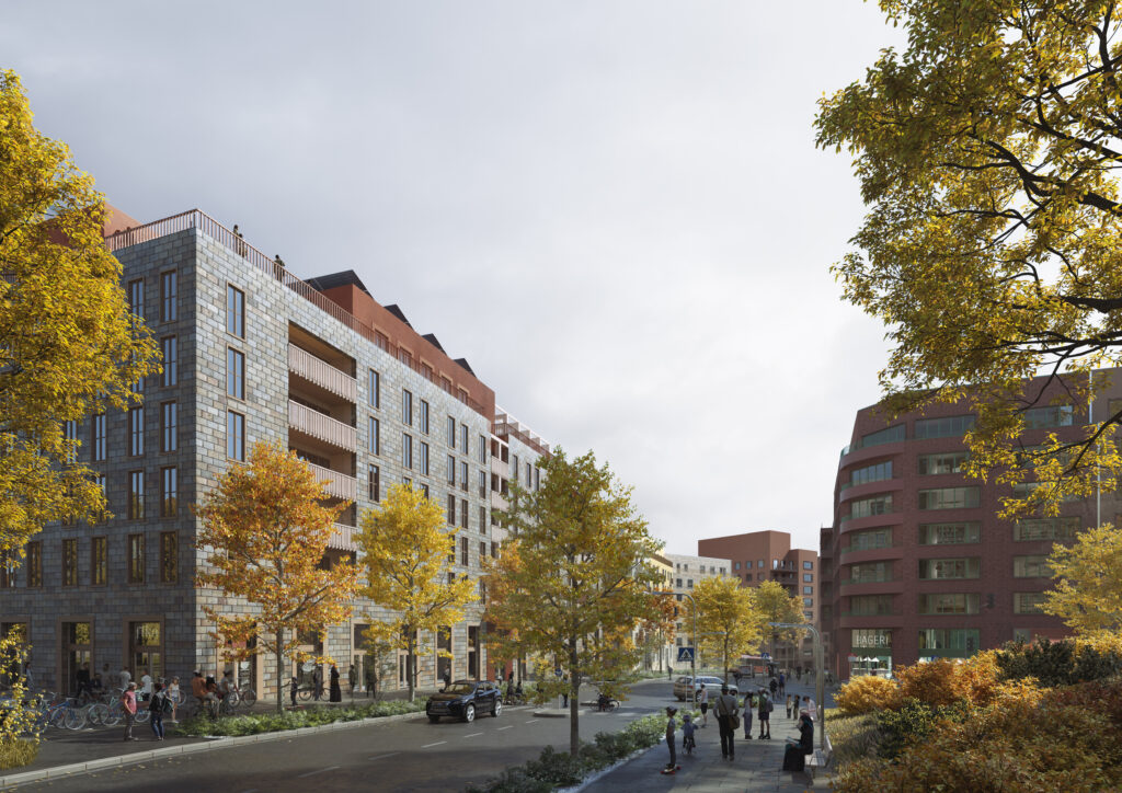 Flervåningshus längs trädkantad gata.
