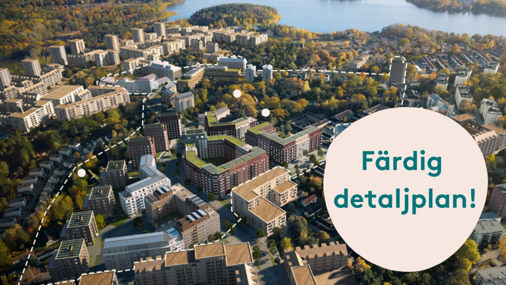 Vy över planområdet för etapp 2A, med färdiga byggnader.